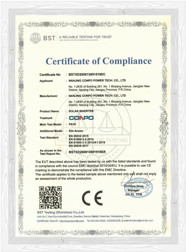 CE-EMC Certificae for Solar Inverter