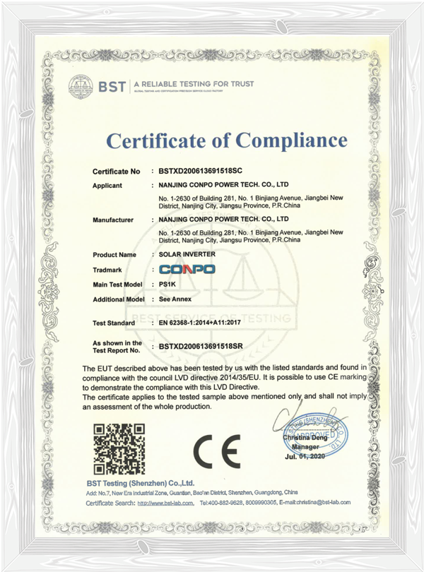 CE-LVD Certificate for Solar Inverter