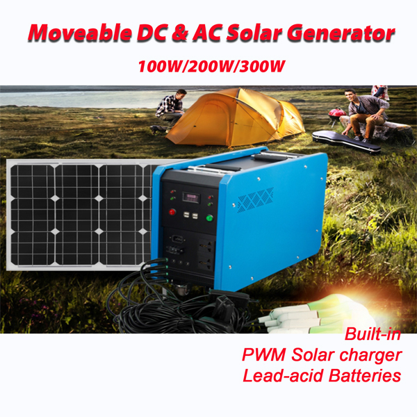 100W/200W/300W, built-in PWM Solar Charger & Lead-acid Battery, AC & DC Moveable Solar Generator